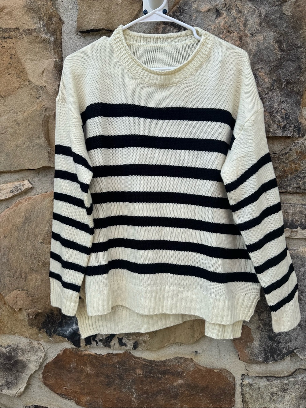 Striped Split Hem Crewneck Sweater - Cream & Black Large Nautical Coastal
